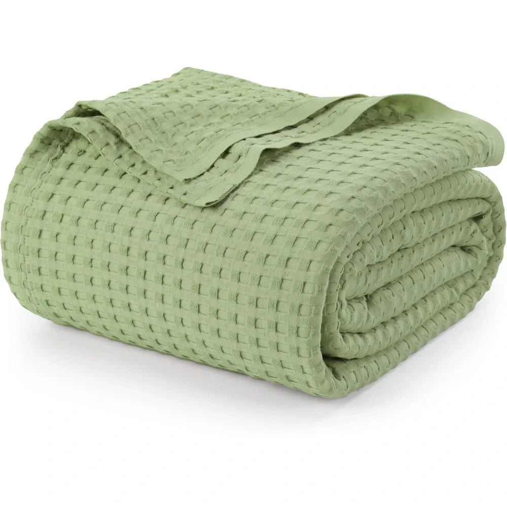 Utopia Waffle Blanket King Sage Green 100% Cotton Lightweight Breathable New